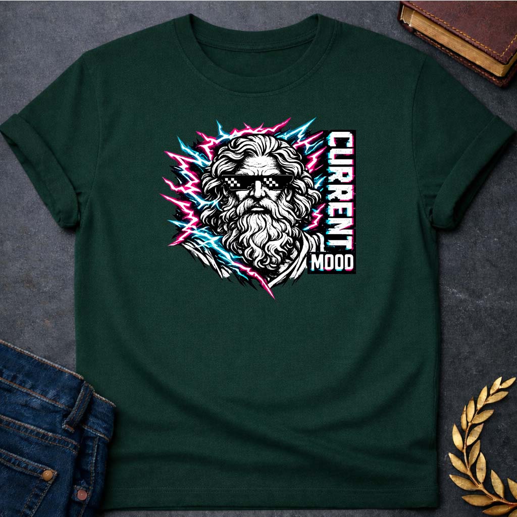 zeus current mood greek mythology adult t shirt featuring lightning bolt, sky god power symbolism in bold Greek mythology design