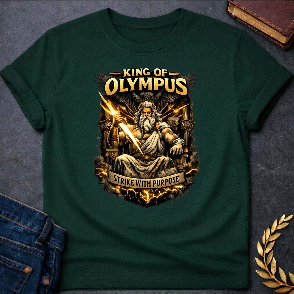 zeus king of olympus strike with purpose greek mythology unisex softstyle t shirt featuring lightning bolt, sky god power symbolism in bold Greek mythology design