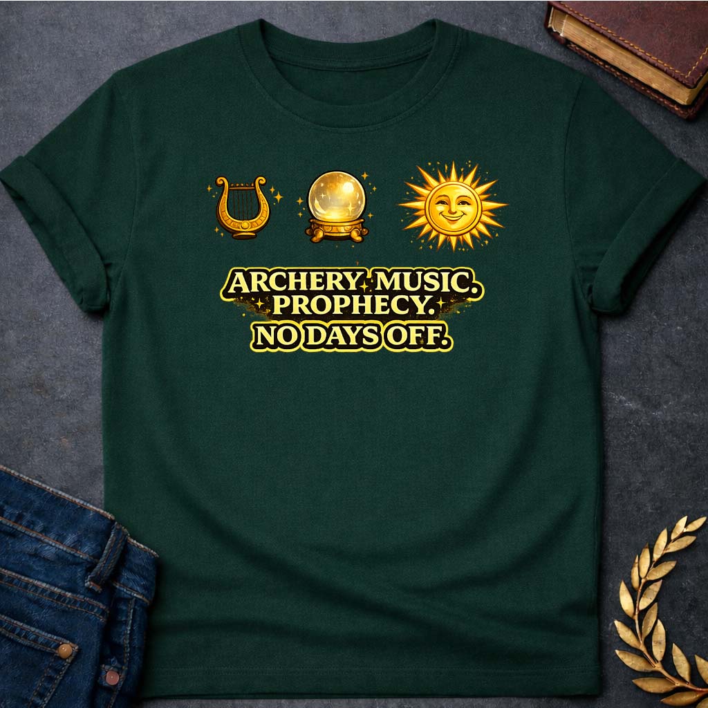 apollo archery music prophecy no days off greek mythology unisex softstyle adult t shirt featuring detailed Greek mythology artwork, symbolic design, and bold graphic style