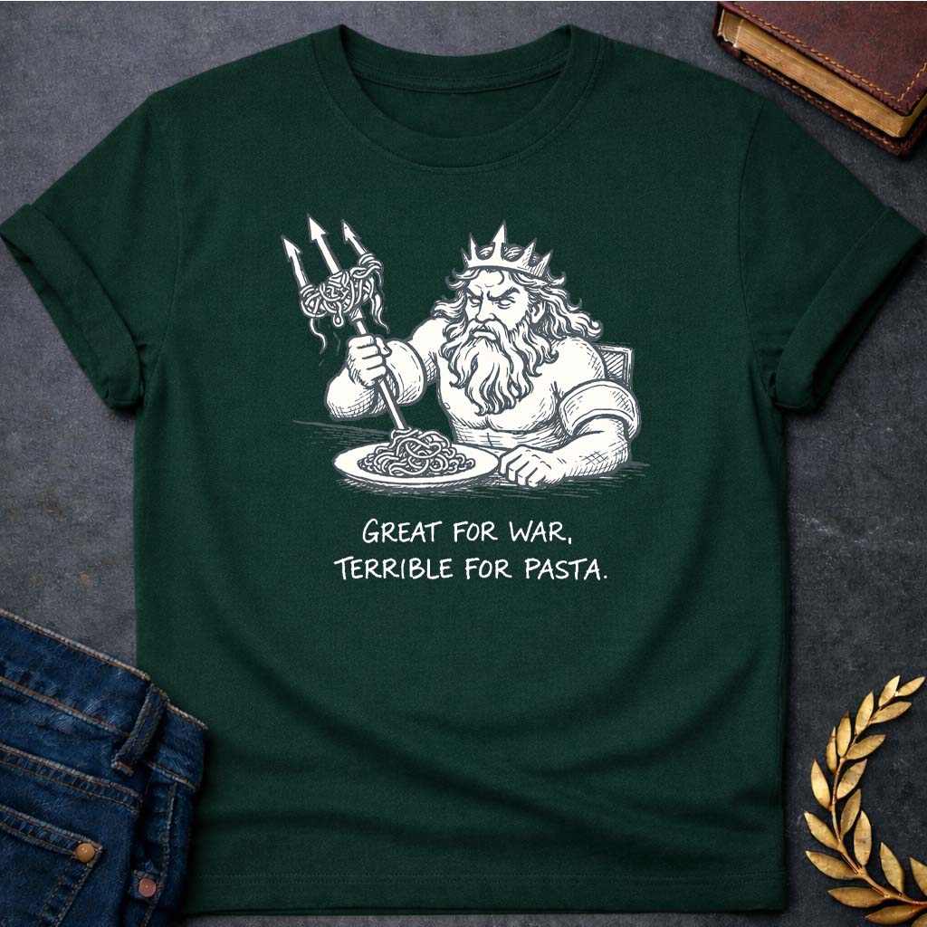 poseidon great for war terrible for pasta greek mythology adult t shirt featuring trident, ocean waves, sea god symbolism in Greek mythology design