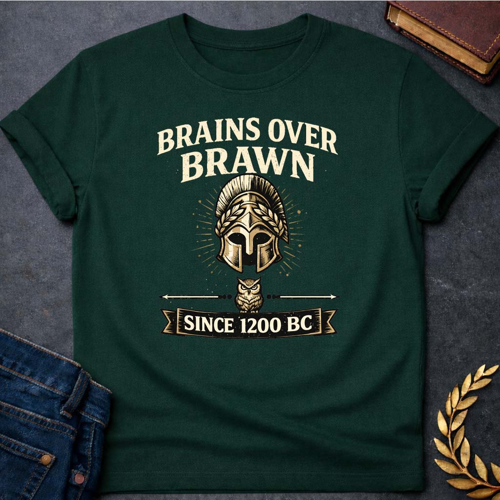 athena brains over brawn greek mythology adult t shirt featuring owl, laurel wreath, wisdom symbolism in vintage Greek mythology design