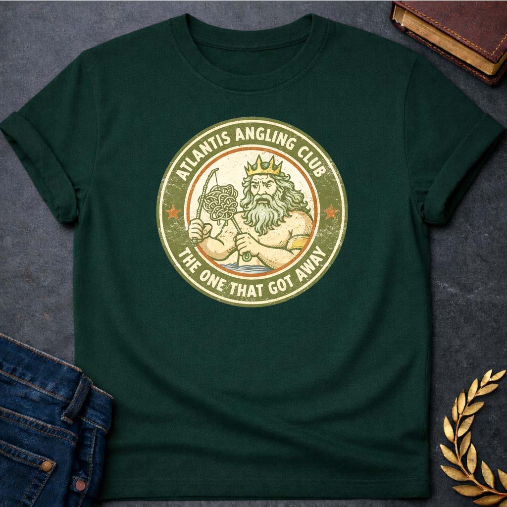 poseidon atlantis angling club greek mythology adult t shirt featuring trident, ocean waves, sea god symbolism in Greek mythology design