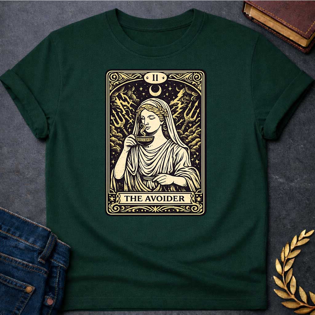 Forest Green T-shirt design in the style of a vintage tarot card. It features a woman in classical Greek robes calmly sipping from a cup. Behind her, lightning strikes and two tridents emerge from turbulent clouds under a crescent moon. The card is labeled with Roman numeral "II" at the top and the text "THE AVOIDER" in a banner at the bottom, all rendered in a cream and black woodcut aesthetic.