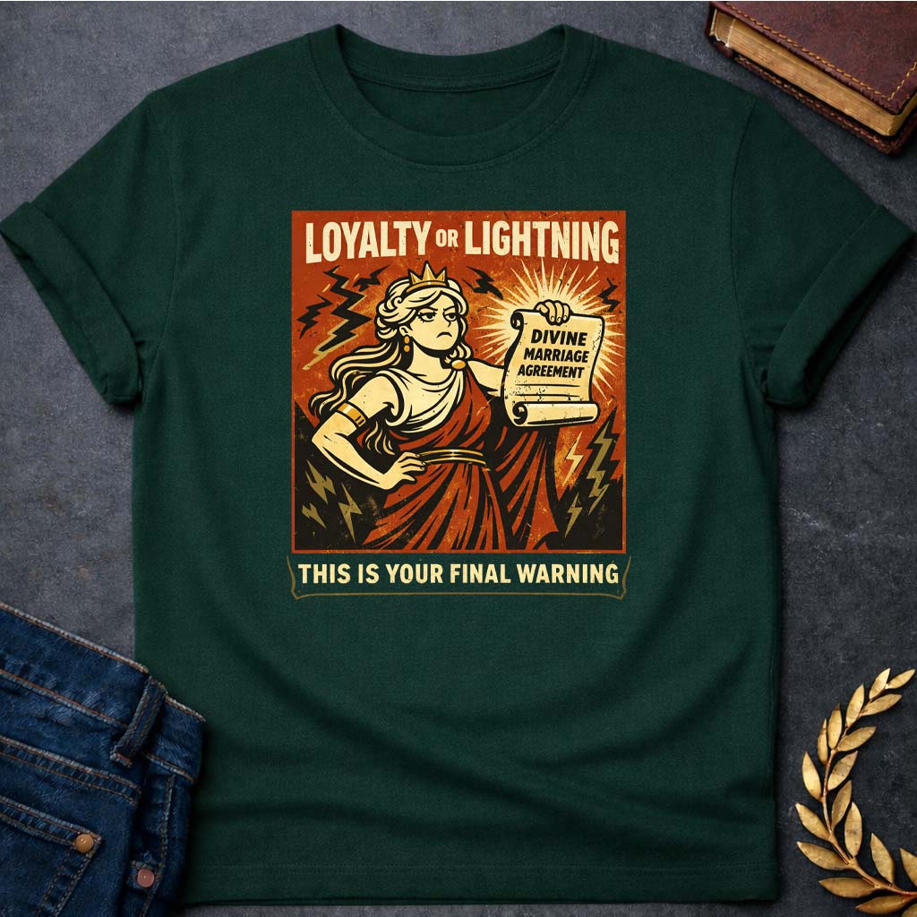hera loyalty or lightning greek mythology adult t shirt featuring detailed Greek mythology artwork, symbolic design, and bold graphic style