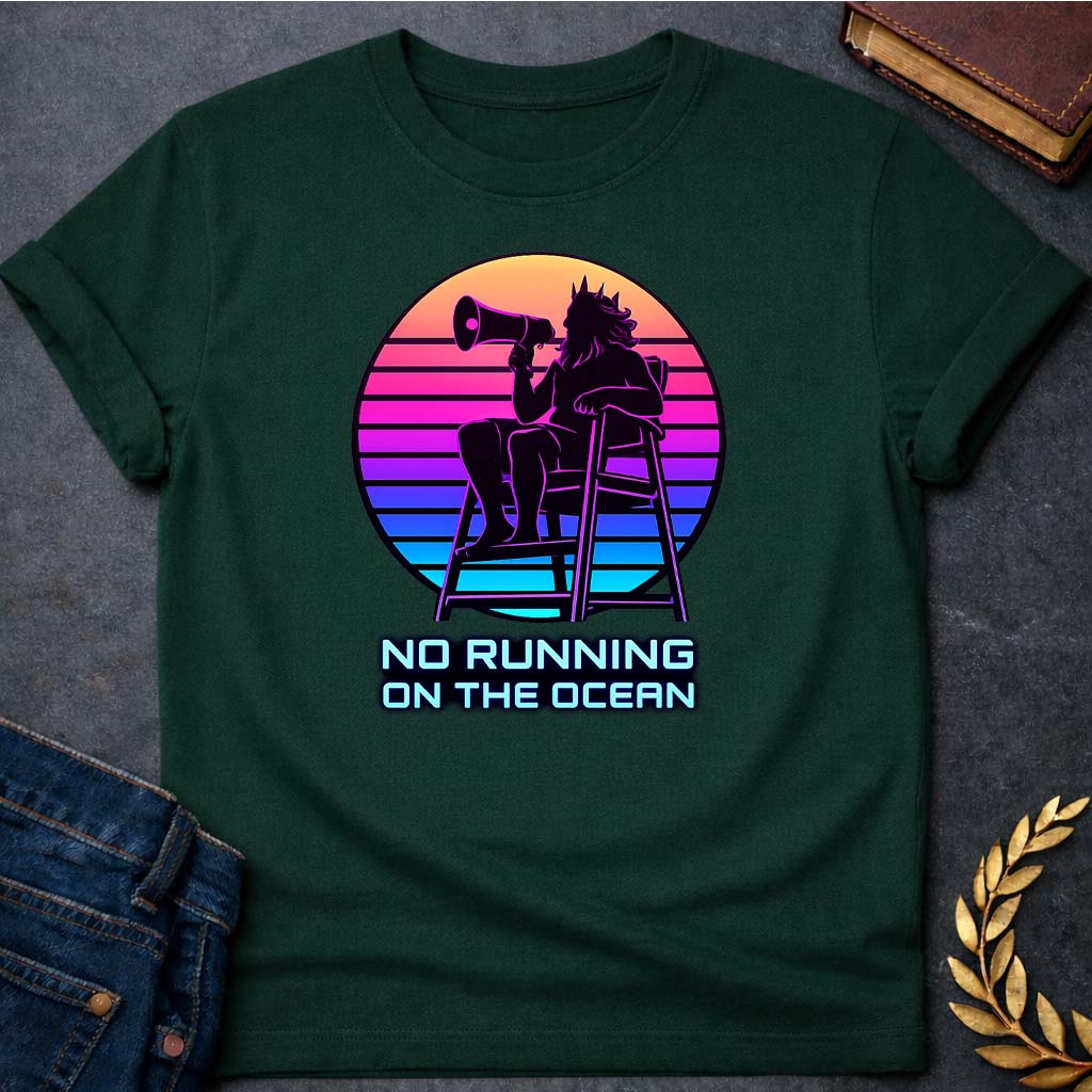 poseidon no running on the ocean greek mythology adult t shirt featuring trident, ocean waves, sea god symbolism in Greek mythology design