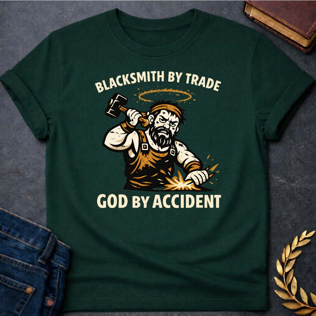 hephaestus blacksmith by trade god by accident greek mythology adult t shirt featuring blacksmith hammer, forge sparks, fire god symbolism in industrial mythology design