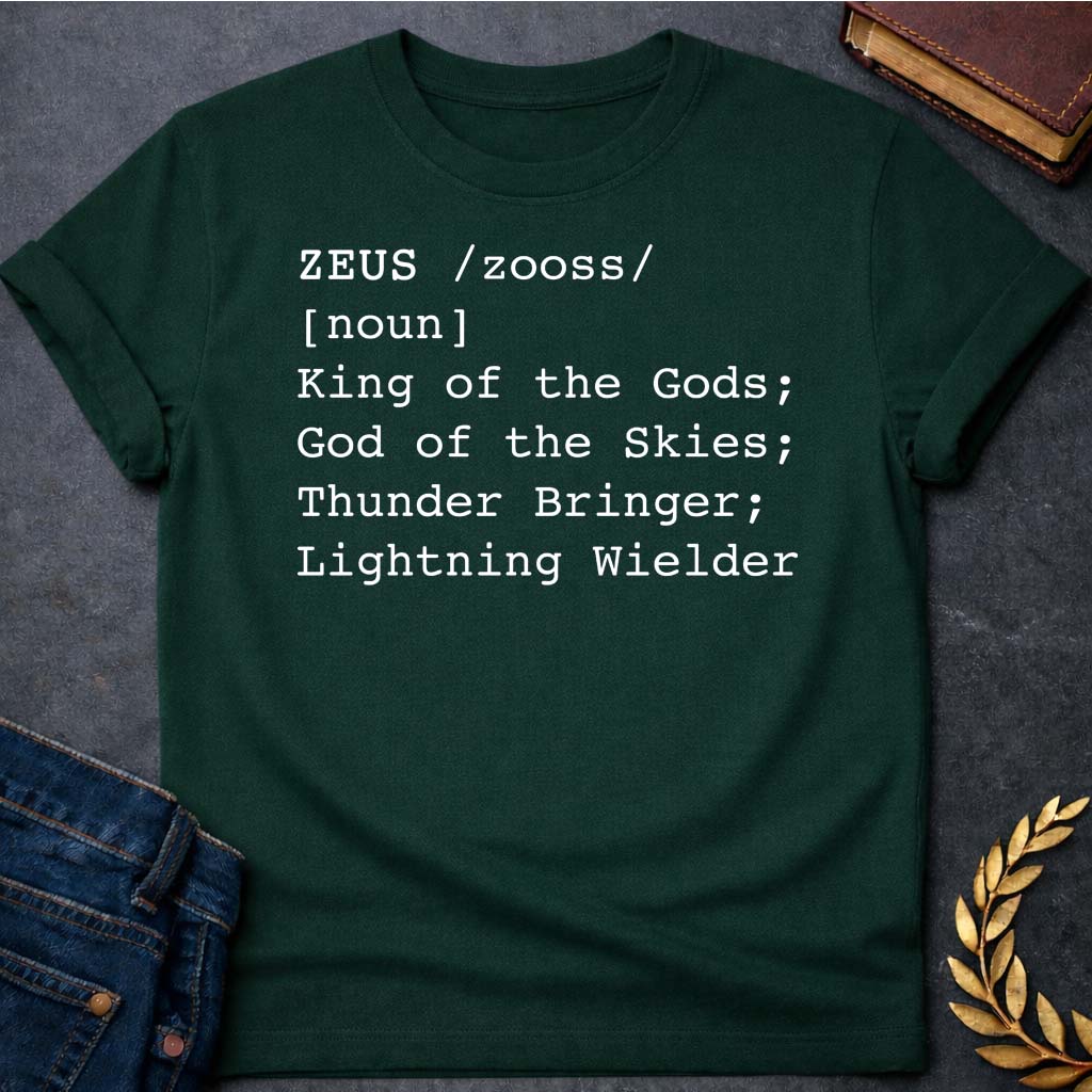 zeus dictionary definition greek mythology unisex softstyle adult t shirt featuring lightning bolt, sky god power symbolism in bold Greek mythology design