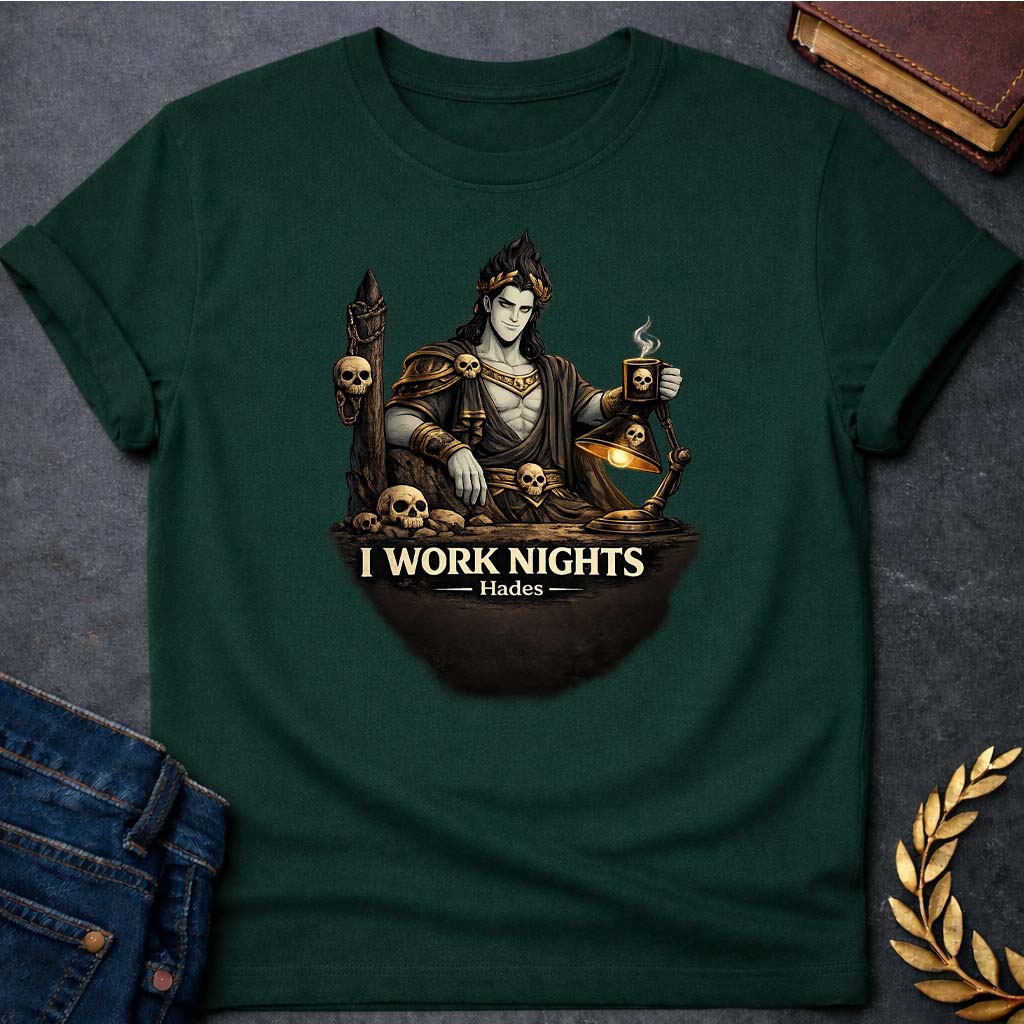 hades i work nights greek mythology adult t shirt featuring underworld king, skull motifs, dark Greek mythology design