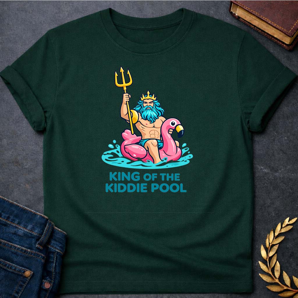 poseidon king of the kiddie pool greek mythology adult t shirt featuring trident, ocean waves, sea god symbolism in Greek mythology design