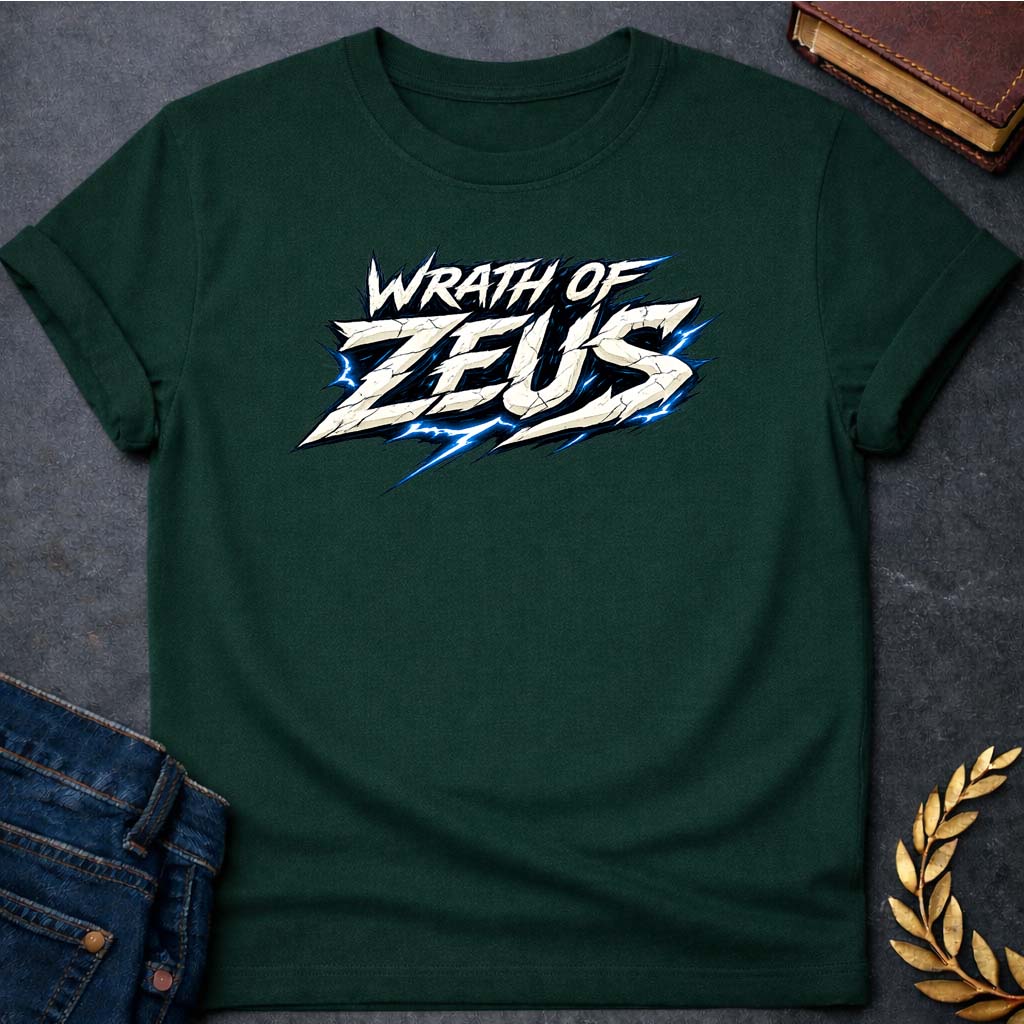 zeus wrath of zeus greek mythology adult t shirt featuring lightning bolt, sky god power symbolism in bold Greek mythology design