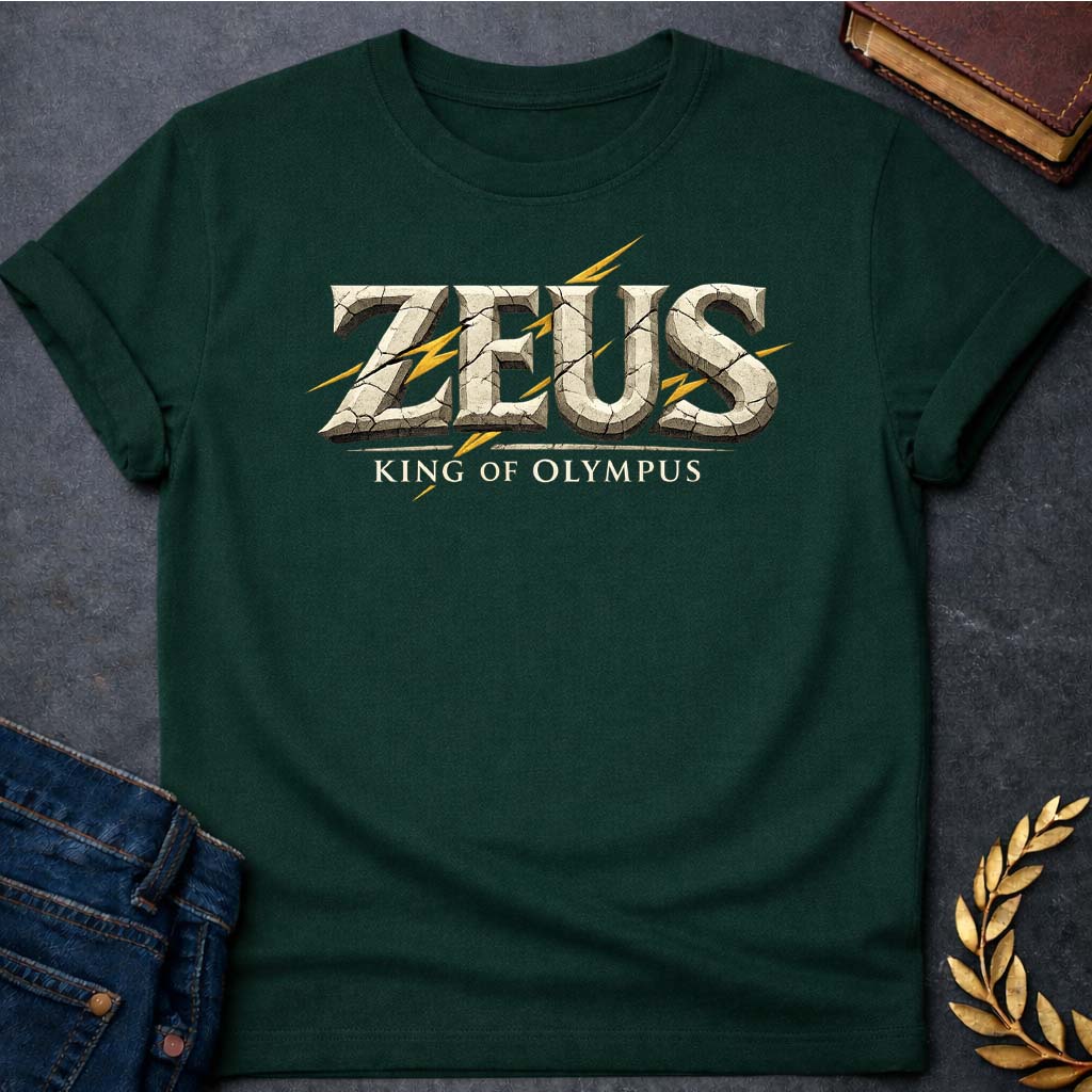 zeus king of olympus greek mythology adult t shirt featuring lightning bolt, sky god power symbolism in bold Greek mythology design