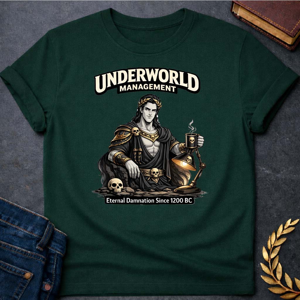hades underworld management greek mythology adult t shirt featuring underworld king, skull motifs, dark Greek mythology design