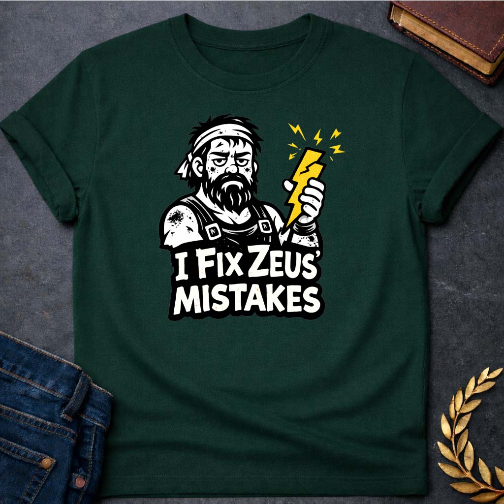 hephaestus i fix zeus mistakes greek mythology adult t shirt featuring lightning bolt, sky god power symbolism in bold Greek mythology design