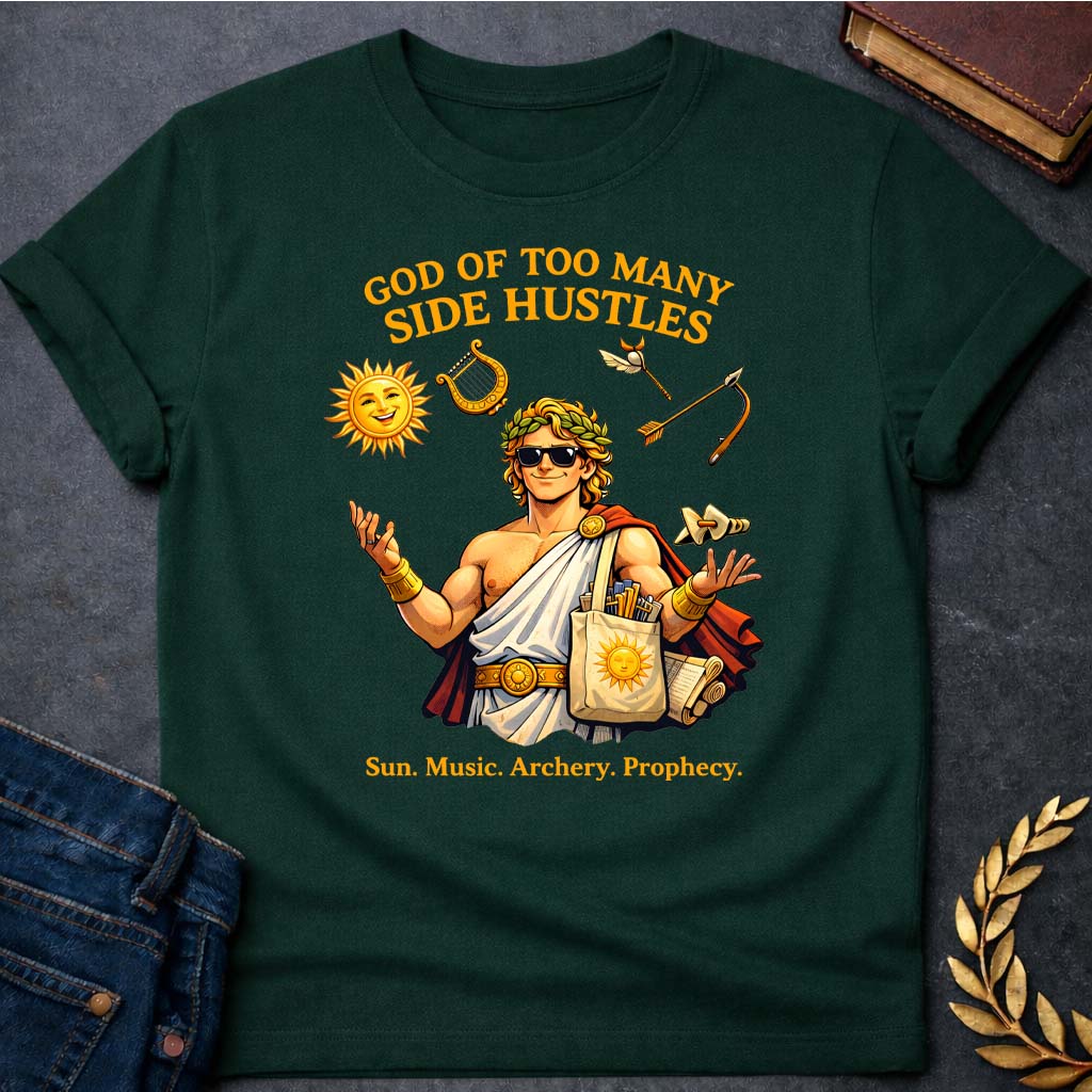 apollo god of too many side hustles greek mythology unisex softstyle adult t shirt featuring detailed Greek mythology artwork, symbolic design, and bold graphic style