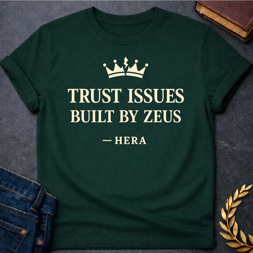 hera trust issues built by zeus greek mythology adult t shirt featuring lightning bolt, sky god power symbolism in bold Greek mythology design