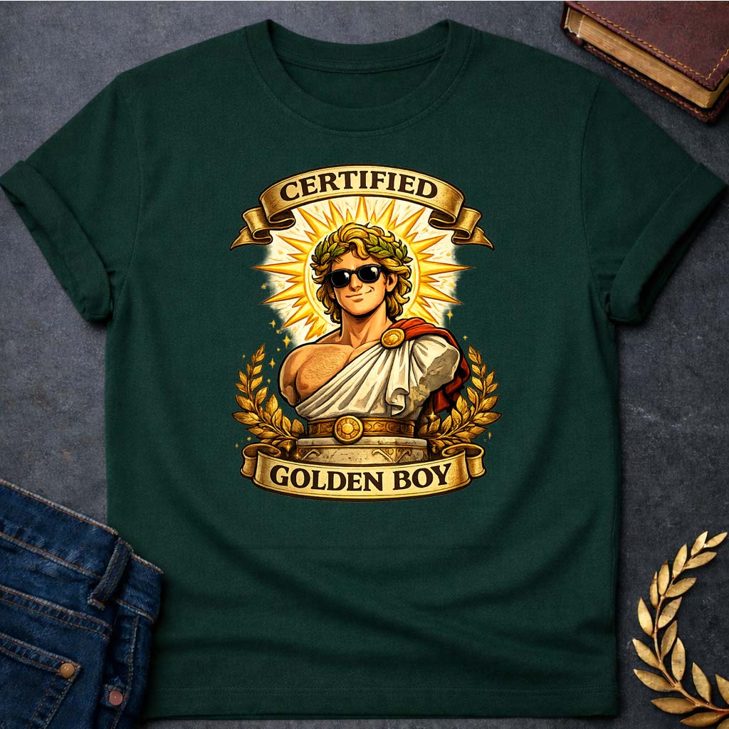 apollo certified golden boy greek mythology unisex softstyle adult t shirt featuring detailed Greek mythology artwork, symbolic design, and bold graphic style