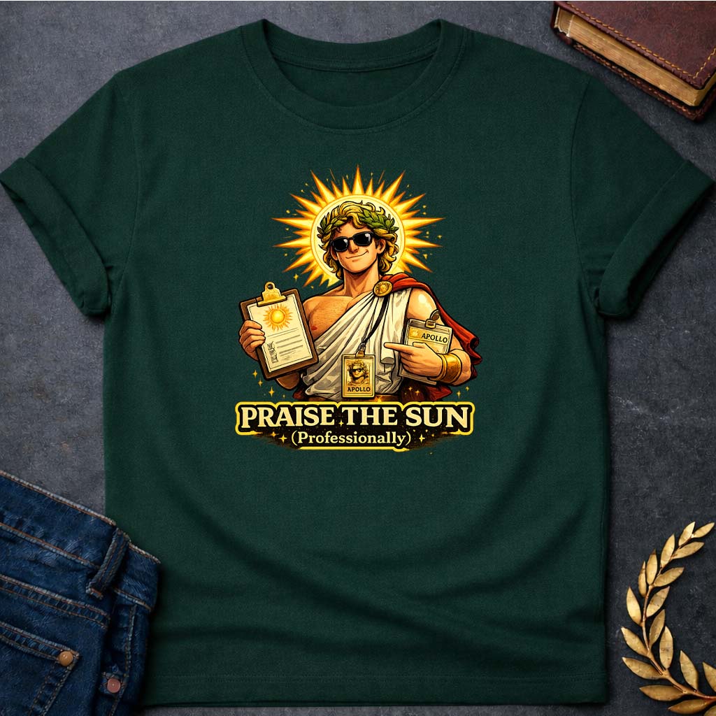 apollo praise the sun greek mythology unisex softstyle adult t shirt featuring detailed Greek mythology artwork, symbolic design, and bold graphic style