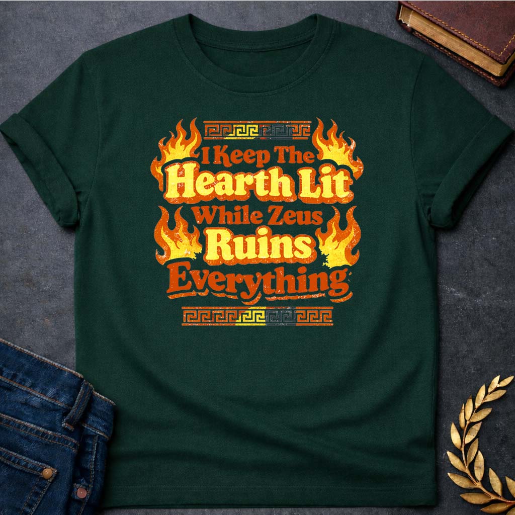 hestia i keep the hearth lit greek mythology adult t shirt featuring detailed Greek mythology artwork, symbolic design, and bold graphic style