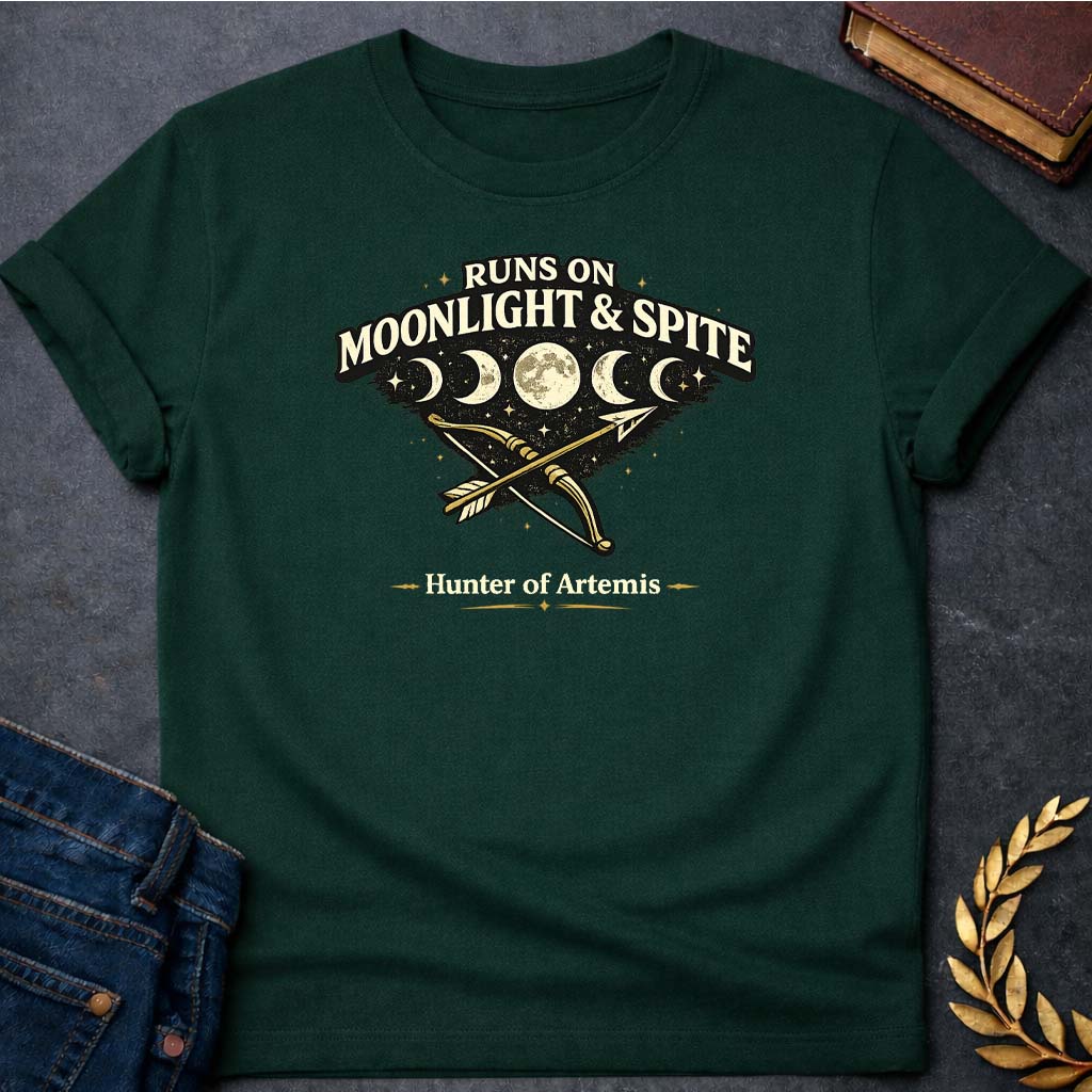 artemis runs on moonlight spite greek mythology adult t shirt featuring detailed Greek mythology artwork, symbolic design, and bold graphic style