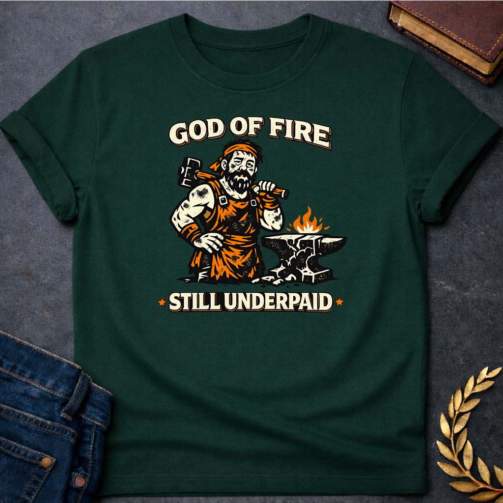 hephaestus god of fire still underpaid greek mythology adult t shirt featuring blacksmith hammer, forge sparks, fire god symbolism in industrial mythology design