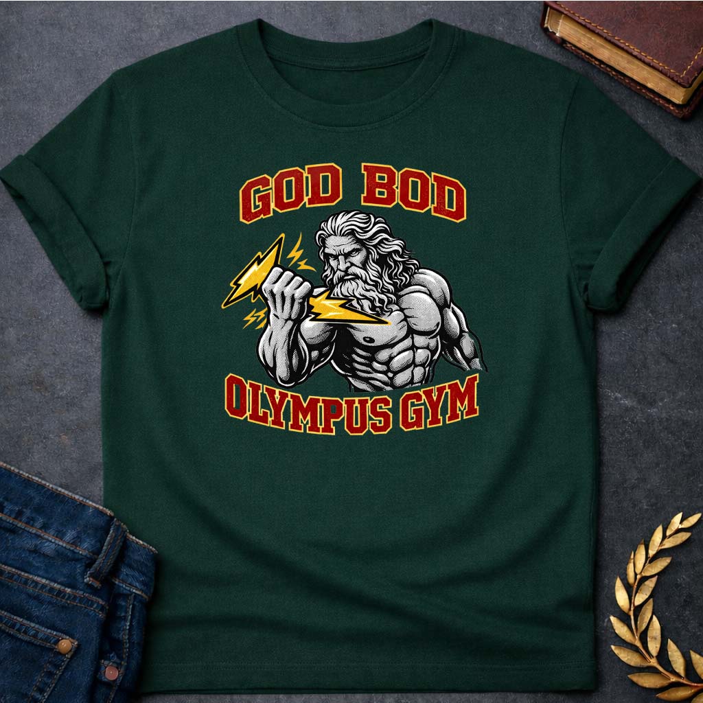 zeus god bod olympus gym greek mythology adult t shirt featuring lightning bolt, sky god power symbolism in bold Greek mythology design