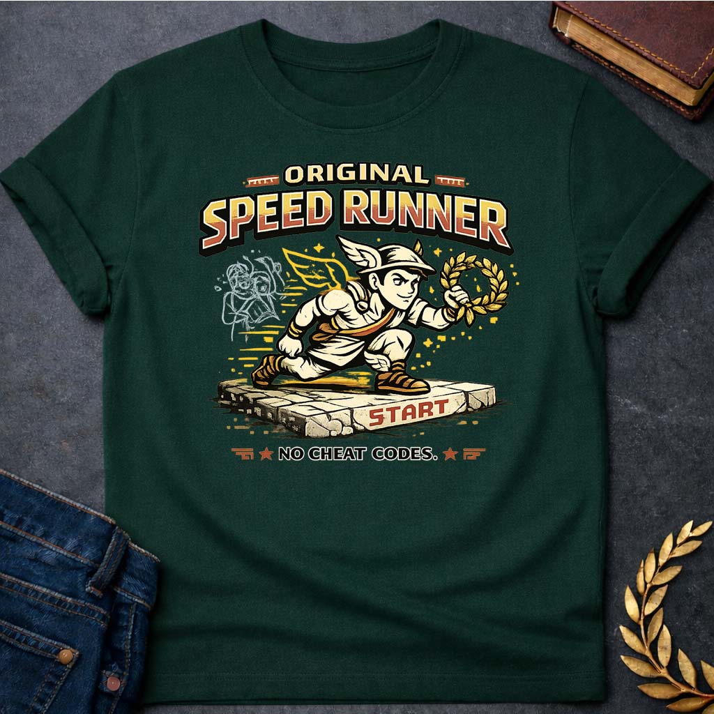 hermes original speed runner greek mythology adult t shirt featuring detailed Greek mythology artwork, symbolic design, and bold graphic style