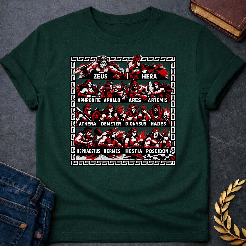 the olympian gods battle mode greek mythology adult t shirt featuring detailed Greek mythology artwork, symbolic design, and bold graphic style