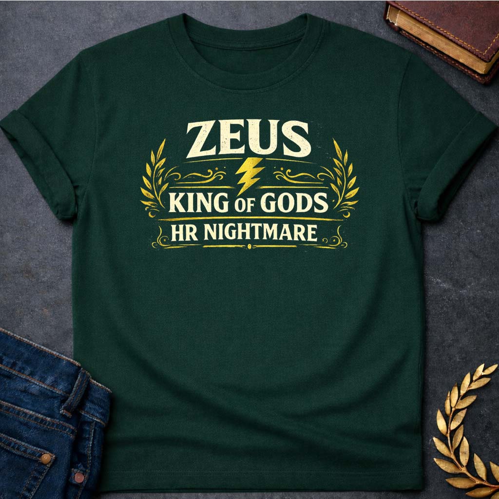 zeus king of the gods hr nightmare greek mythology adult t shirt featuring lightning bolt, sky god power symbolism in bold Greek mythology design