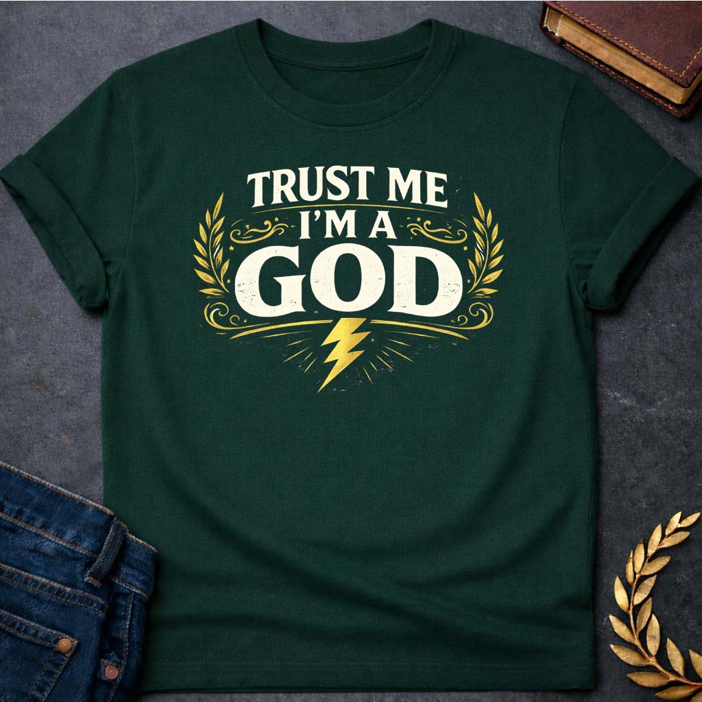 zeus trust me im a god greek mythology adult t shirt featuring lightning bolt, sky god power symbolism in bold Greek mythology design