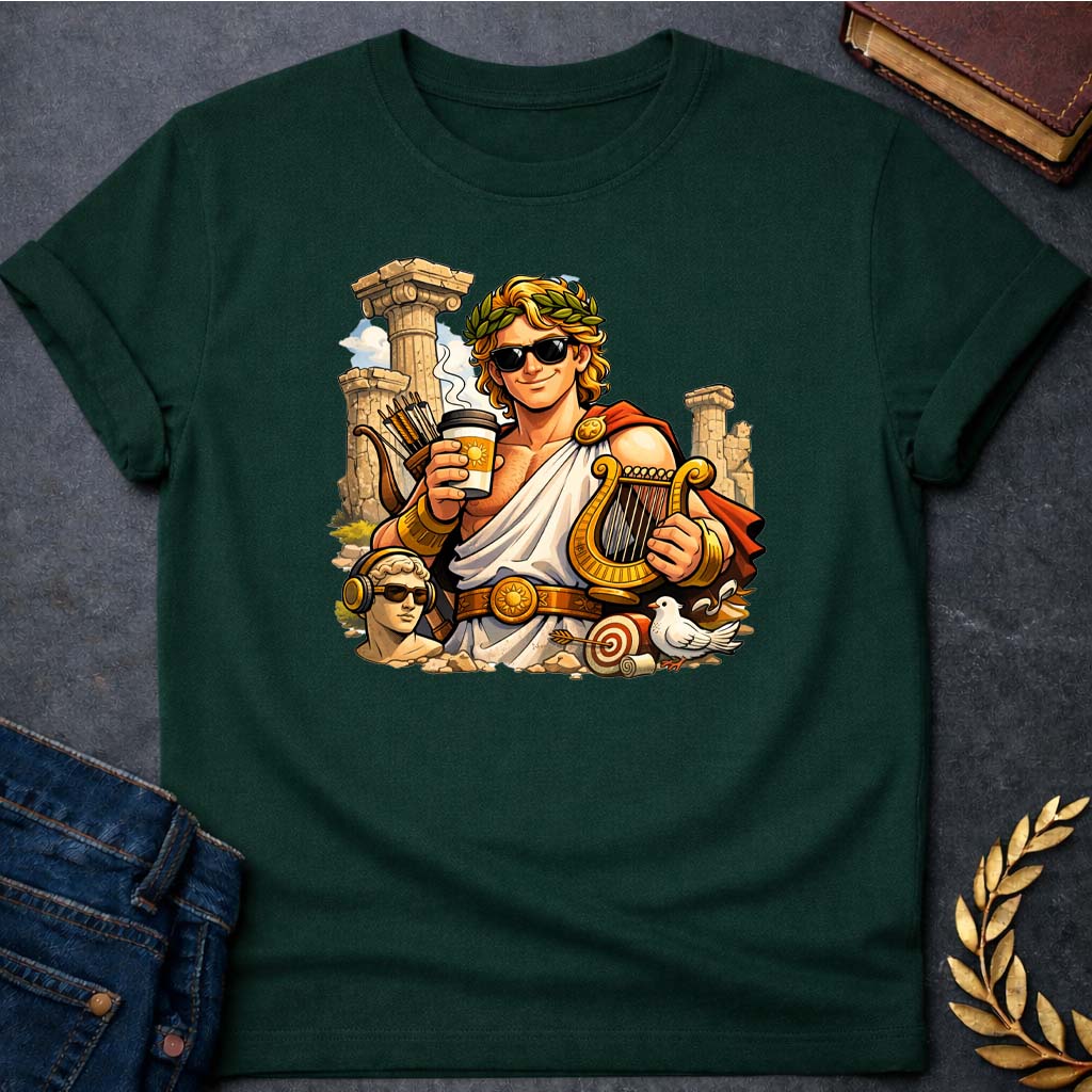apollo greek mythology unisex softstyle adult t shirt featuring detailed Greek mythology artwork, symbolic design, and bold graphic style