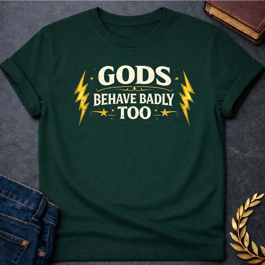 zeus gods behave badly too greek mythology adult t shirt featuring lightning bolt, sky god power symbolism in bold Greek mythology design