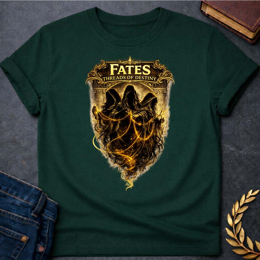 fates threads of destiny greek mythology unisex softstyle t shirt featuring detailed Greek mythology artwork, symbolic design, and bold graphic style