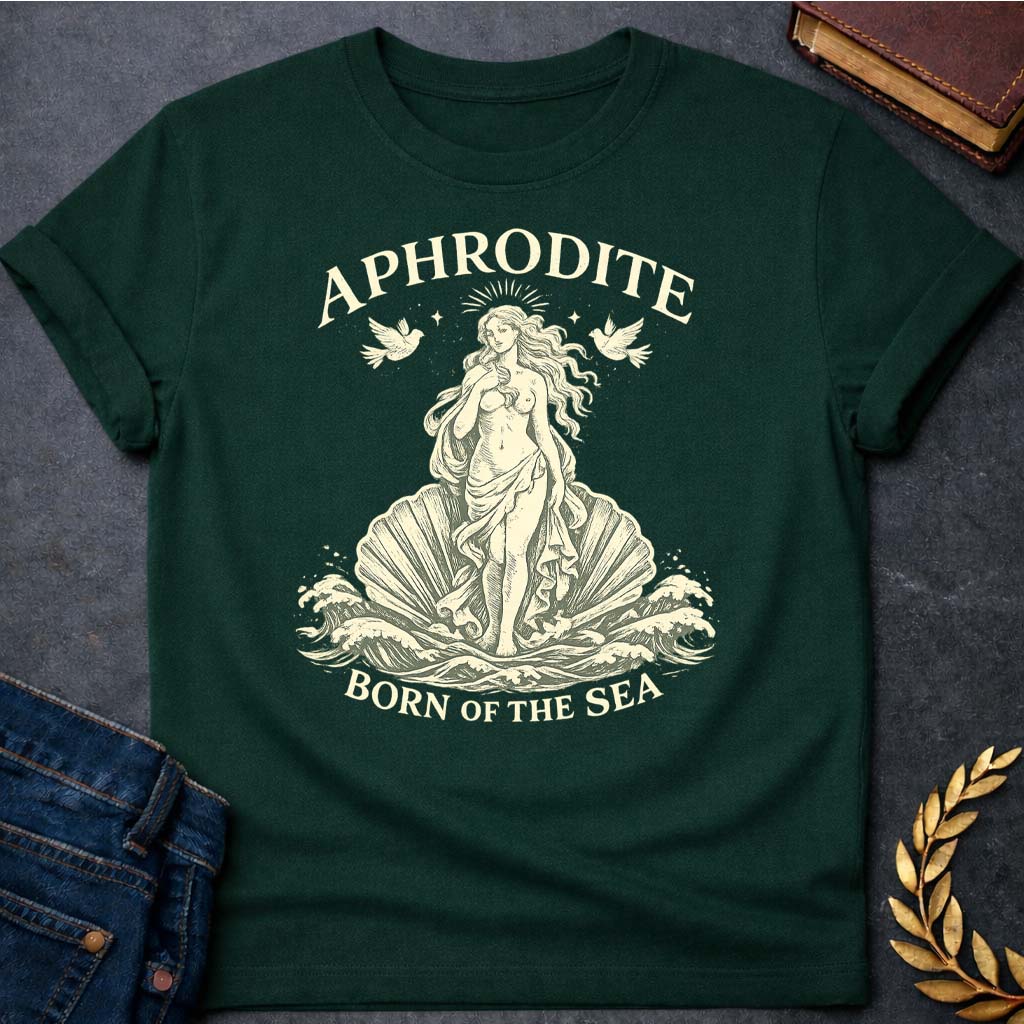 aphrodite born of the sea greek mythology unisex softstyle t shirt featuring detailed Greek mythology artwork, symbolic design, and bold graphic style