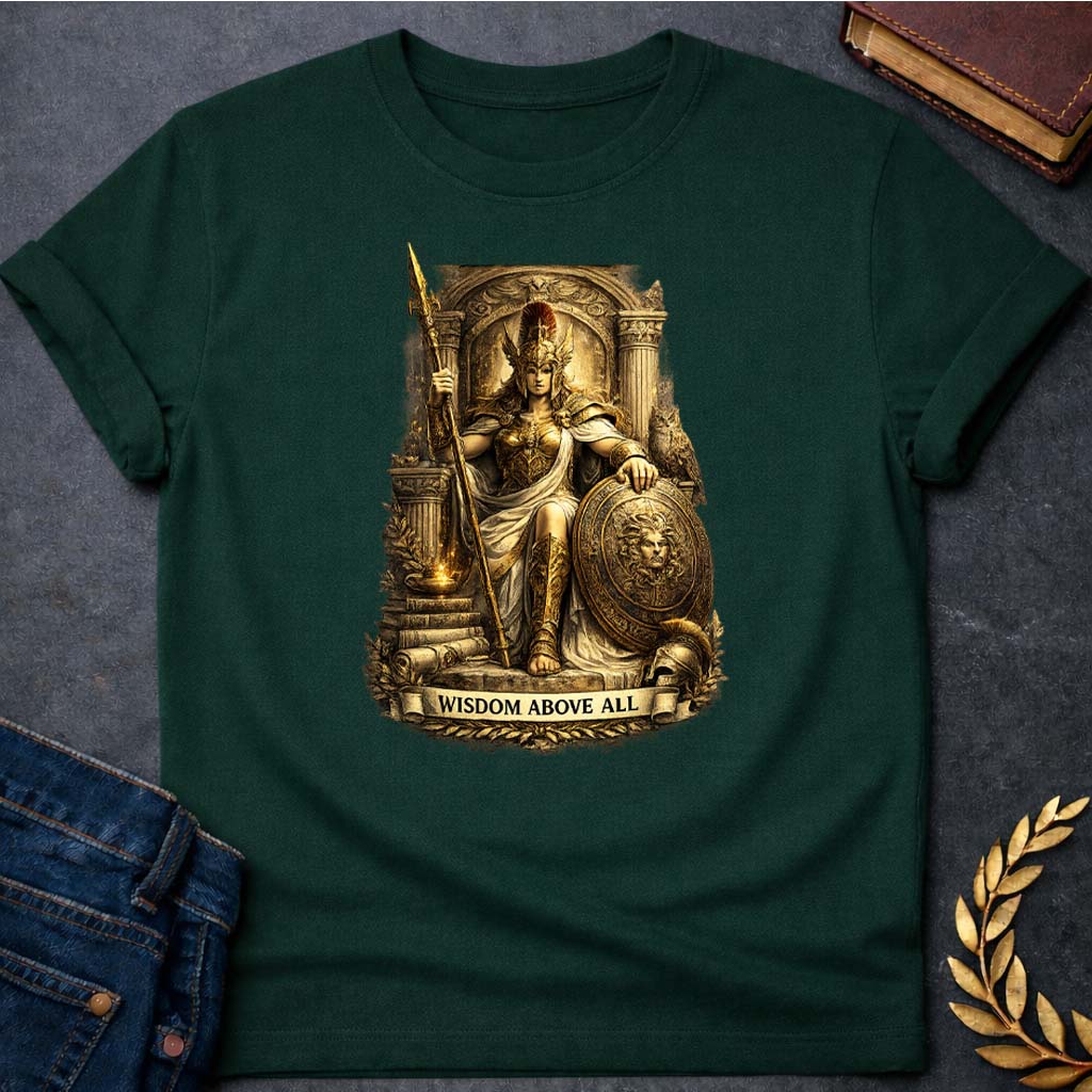 athena wisdom above all greek mythology unisex softstyle t shirt featuring owl, laurel wreath, wisdom symbolism in vintage Greek mythology design