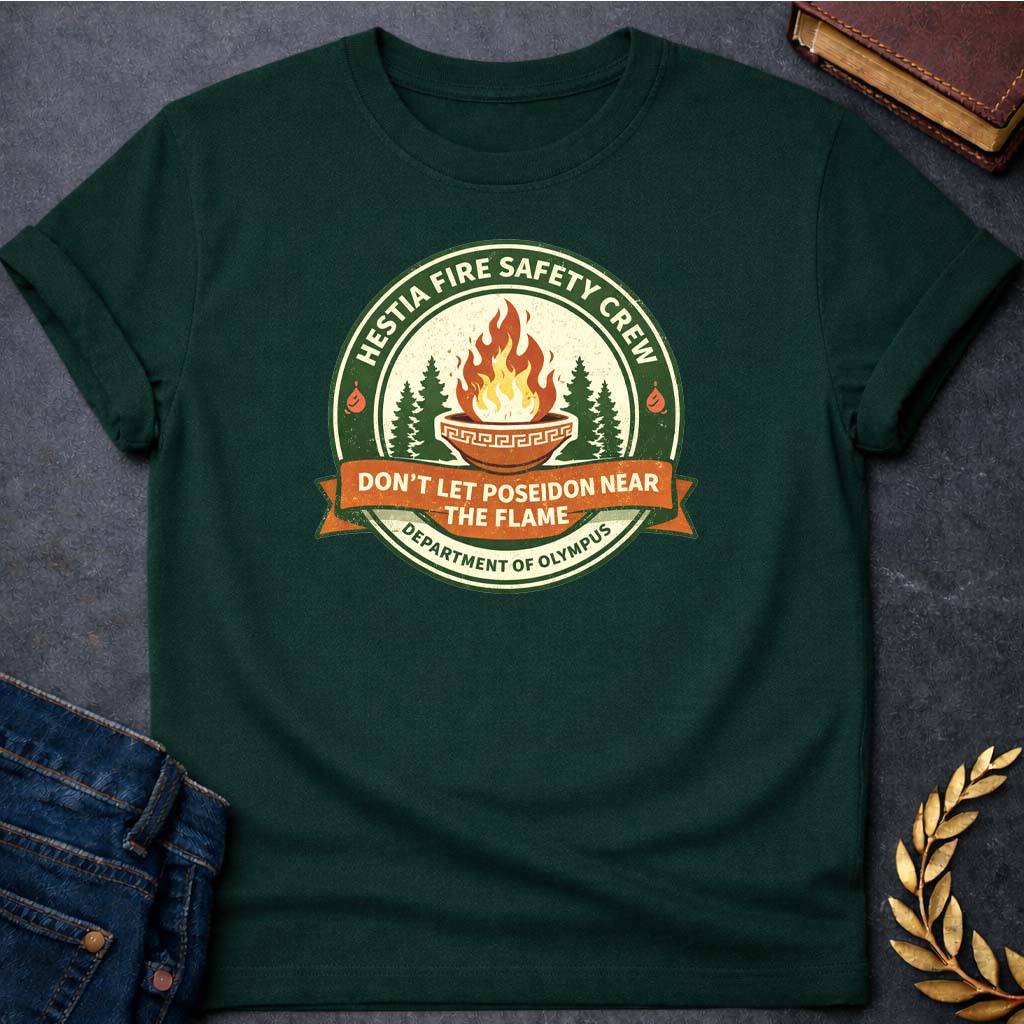 hestia fire safety crew greek mythology adult t shirt featuring detailed Greek mythology artwork, symbolic design, and bold graphic style