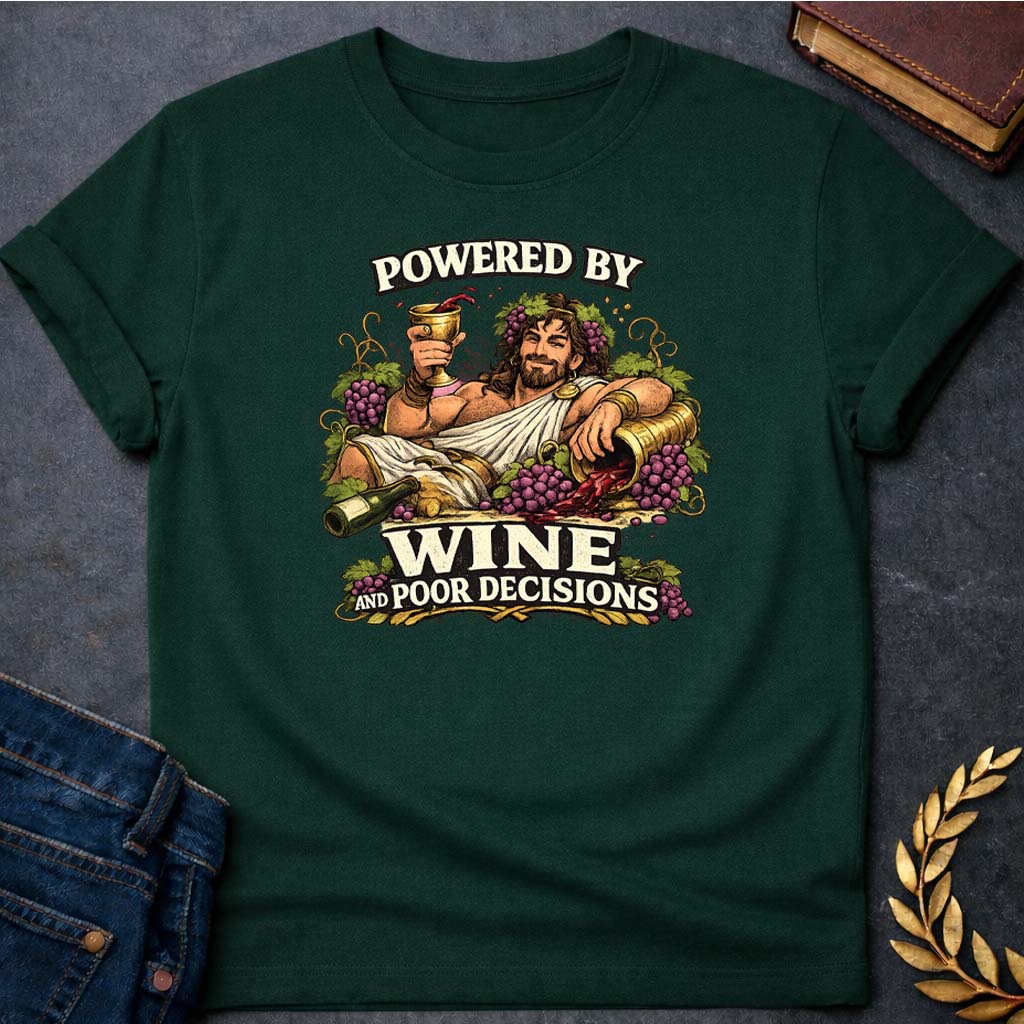 dionysus powered by wine and poor decisions greek mythology adult t shirt featuring detailed Greek mythology artwork, symbolic design, and bold graphic style