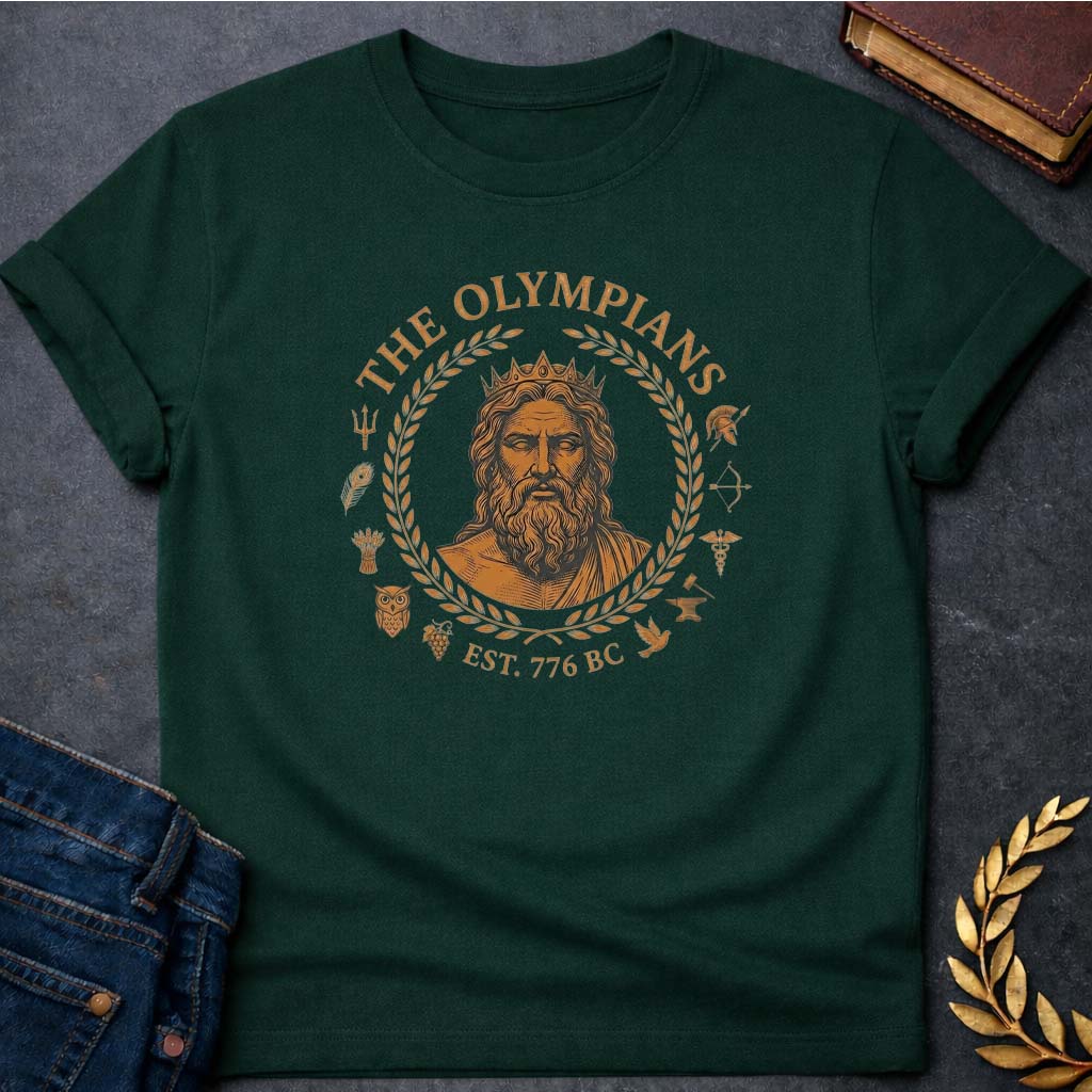 the olympians greek mythology adult t shirt featuring detailed Greek mythology artwork, symbolic design, and bold graphic style
