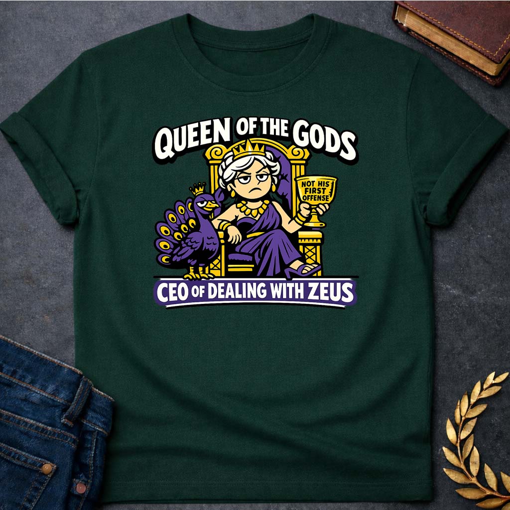 hera queen of the gods ceo of dealing with zeus greek mythology adult t shirt featuring lightning bolt, sky god power symbolism in bold Greek mythology design