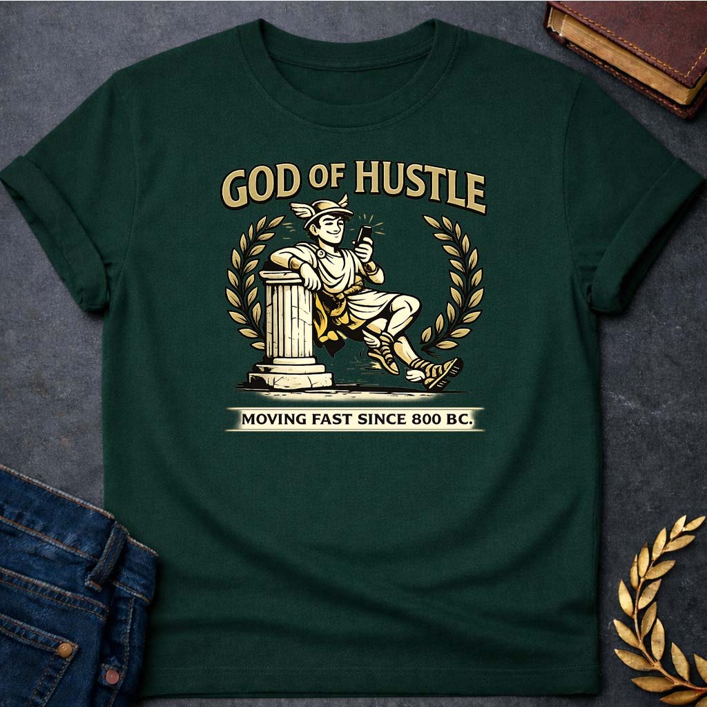 hermes god of hustle greek mythology adult t shirt featuring detailed Greek mythology artwork, symbolic design, and bold graphic style