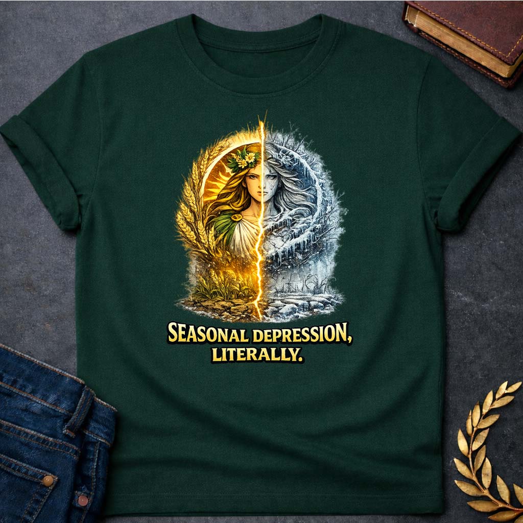 demeter seasonal depression greek mythology adult t shirt featuring detailed Greek mythology artwork, symbolic design, and bold graphic style
