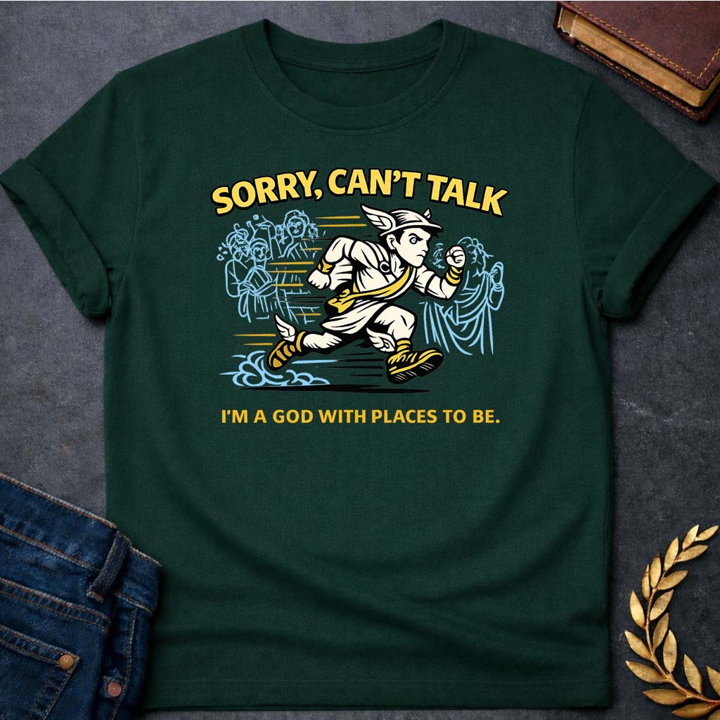 hermes sorry cant talk greek mythology adult t shirt featuring detailed Greek mythology artwork, symbolic design, and bold graphic style