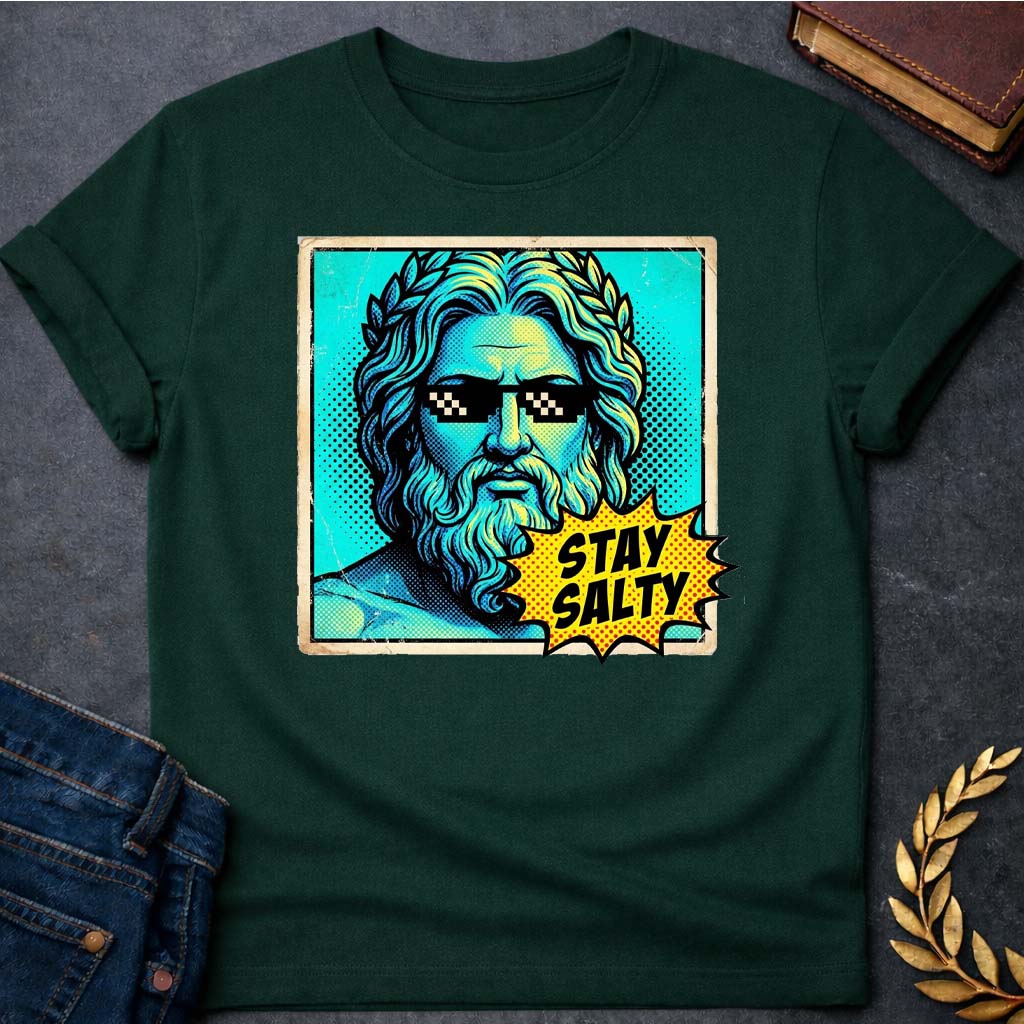 poseidon stay salty greek mythology adult t shirt featuring trident, ocean waves, sea god symbolism in Greek mythology design