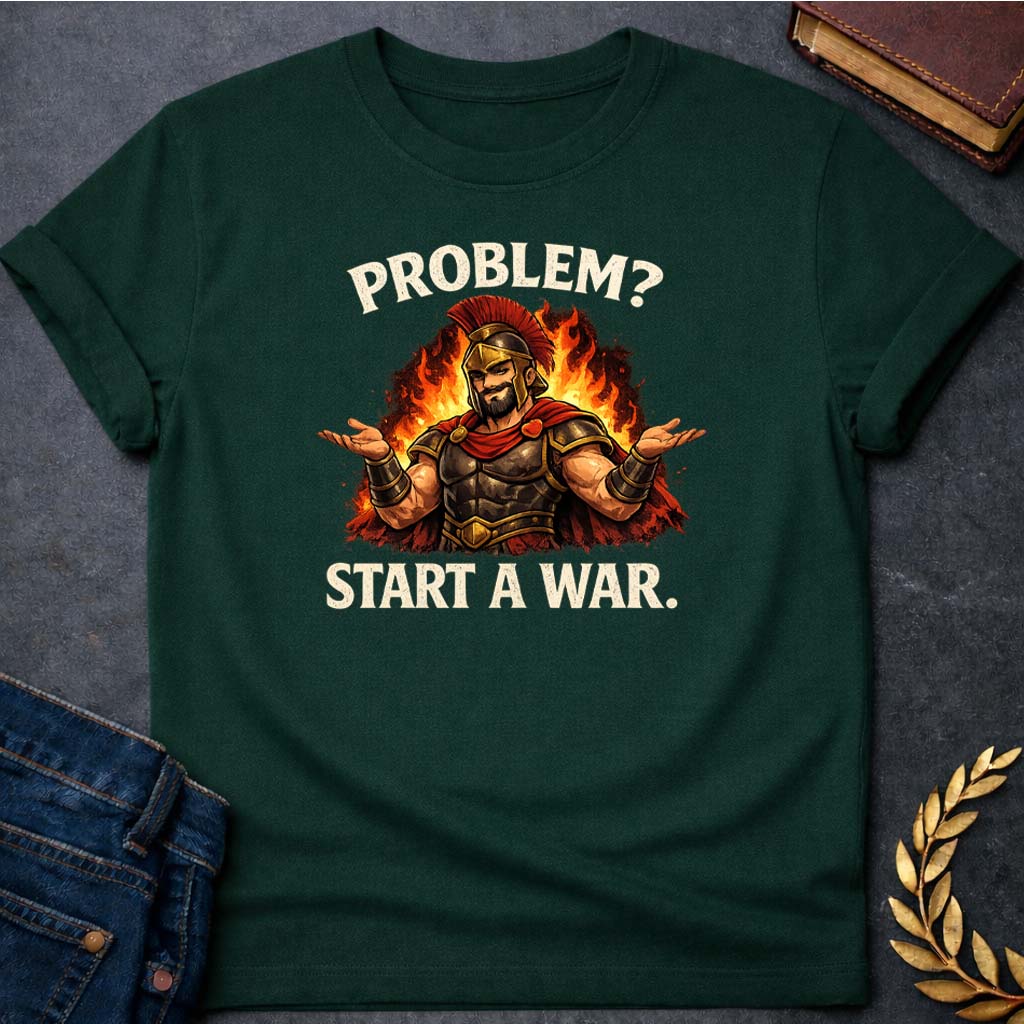 ares problem start a war greek mythology unisex softstyle adult t shirt featuring warrior armor, battle symbolism, god of war Greek mythology design