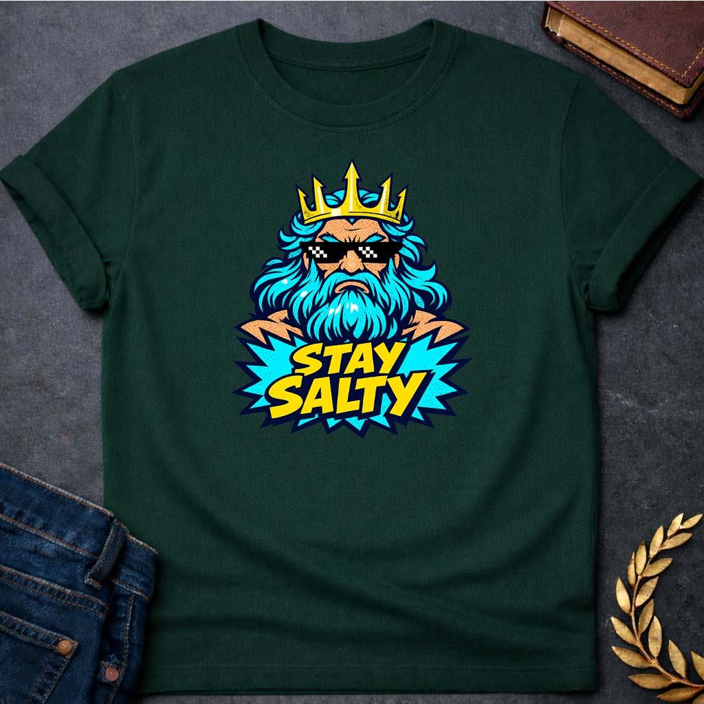 poseidon stay salty greek mythology adult t shirt 1 featuring trident, ocean waves, sea god symbolism in Greek mythology design
