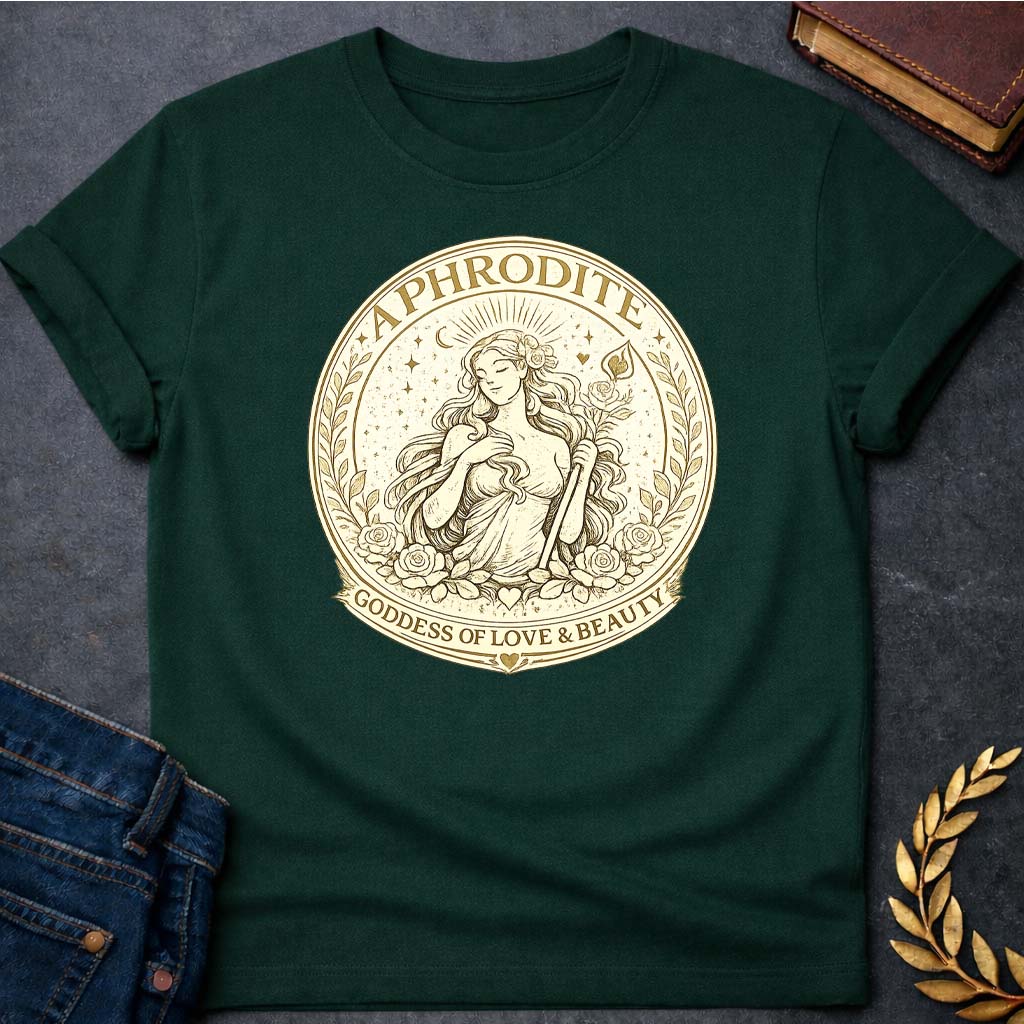 aphrodite goddess of love beauty greek mythology unisex softstyle t shirt featuring detailed Greek mythology artwork, symbolic design, and bold graphic style