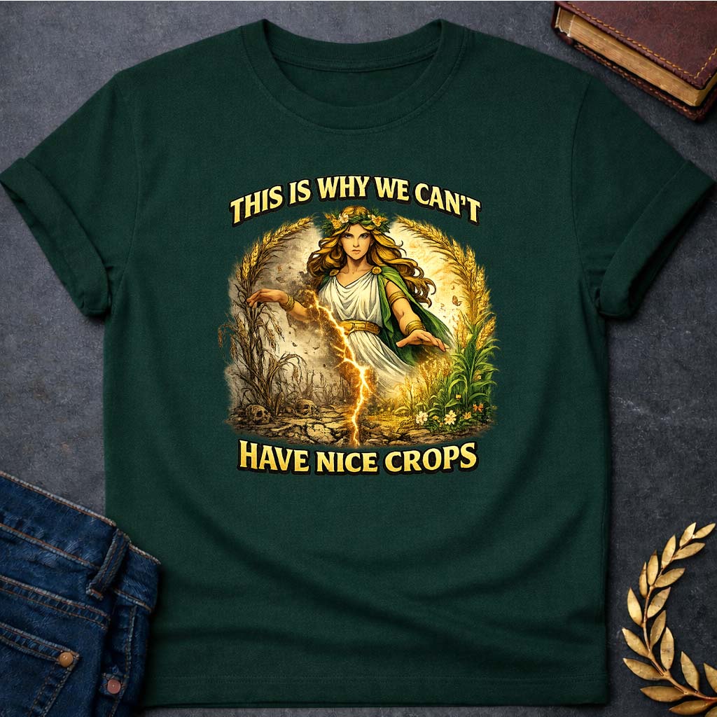 demeter this is why we cant have nice crops greek mythology adult t shirt featuring detailed Greek mythology artwork, symbolic design, and bold graphic style