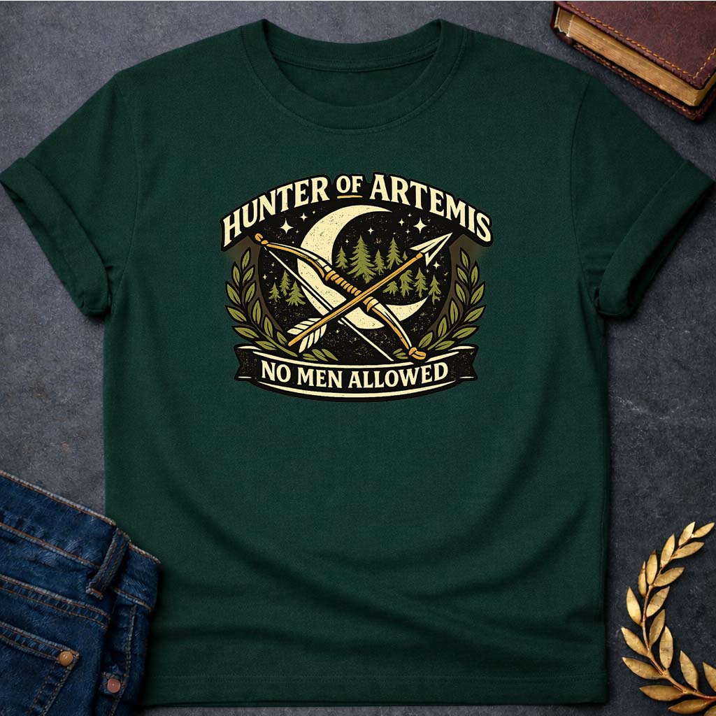 hunter of artemis no men allowed greek mythology adult t shirt featuring detailed Greek mythology artwork, symbolic design, and bold graphic style