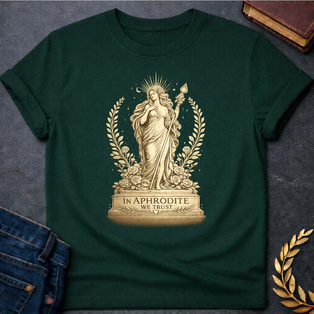 in aphrodite we trust greek mythology unisex softstyle t shirt 1 featuring detailed Greek mythology artwork, symbolic design, and bold graphic style