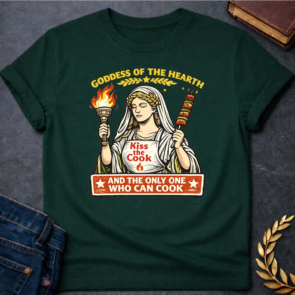 hestia goddess of the hearth greek mythology adult t shirt featuring detailed Greek mythology artwork, symbolic design, and bold graphic style