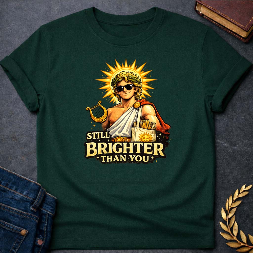 apollo still brighter than you greek mythology unisex softstyle adult t shirt featuring detailed Greek mythology artwork, symbolic design, and bold graphic style